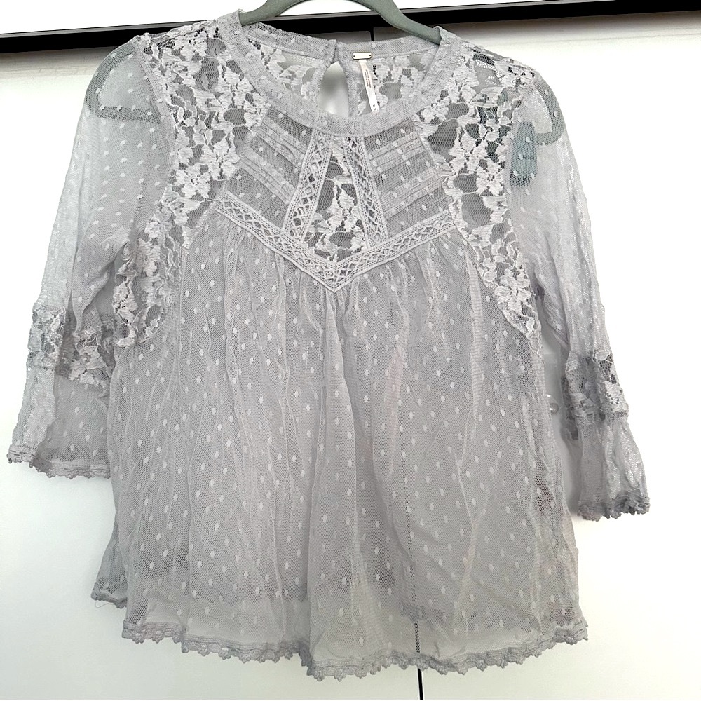 Free People light greyish lavender Lace Ruffled Blouse